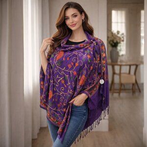 Purple Swirl Embroidered Kashmir 100% Wool 4 Way Ponchos Pashmina Scarf Wrap